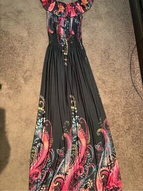 Black Floral Off-Shoulder Maxi Dress with Pink Accents